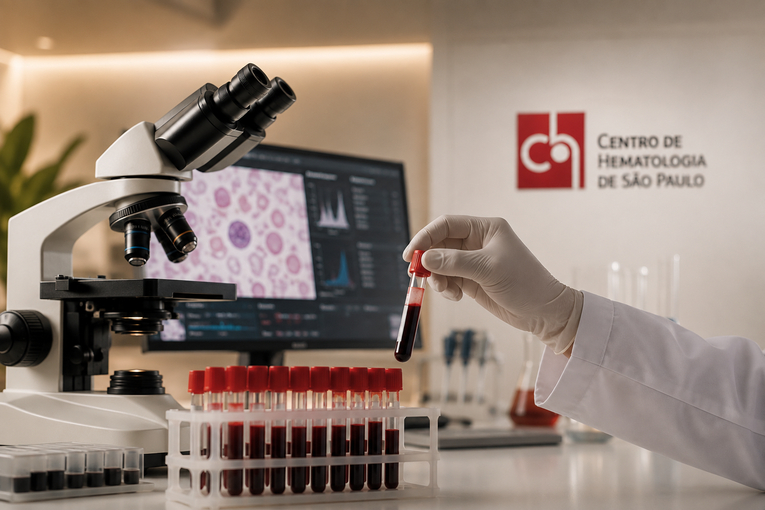 Analista do laboratório clínico do CHSP segurando um tubo de sangue ao lado do microscópio, com o painel de hemograma ao fundo